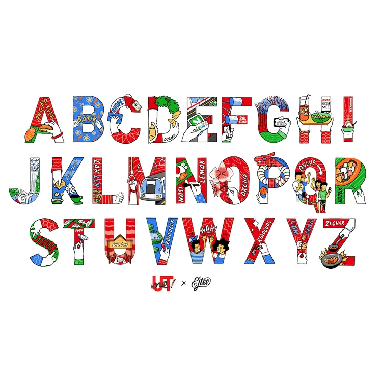 Illustrated alphabet featuring Singapore landmarks, food, and culture