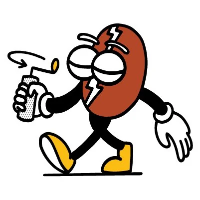 Illustrated coffee bean character holding a spray can