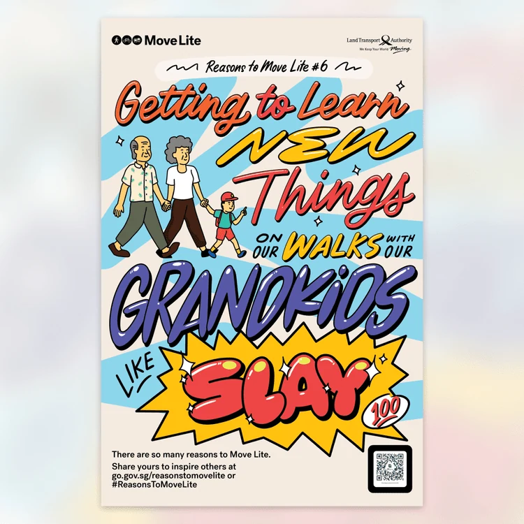 Move Lite campaign artwork about learning new things on walks with grandkids
